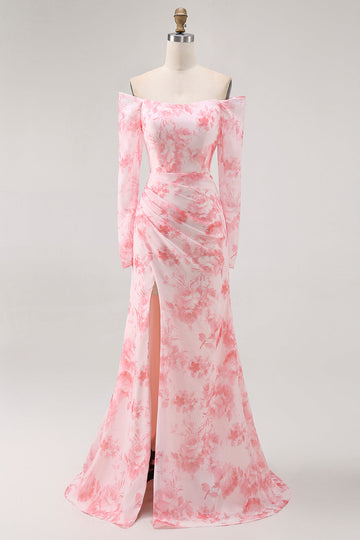 Pink Flower Mermaid Off The Shoulder Long Sleeves Bridesmaid Dress with Slit